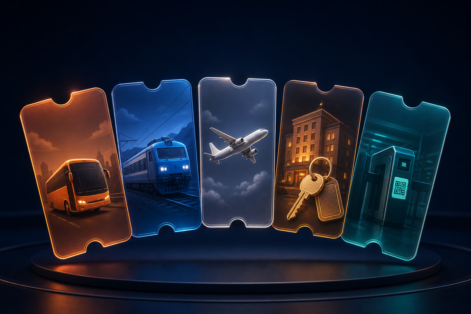 3D collection of bus, train, flight, hotel, and metro passes